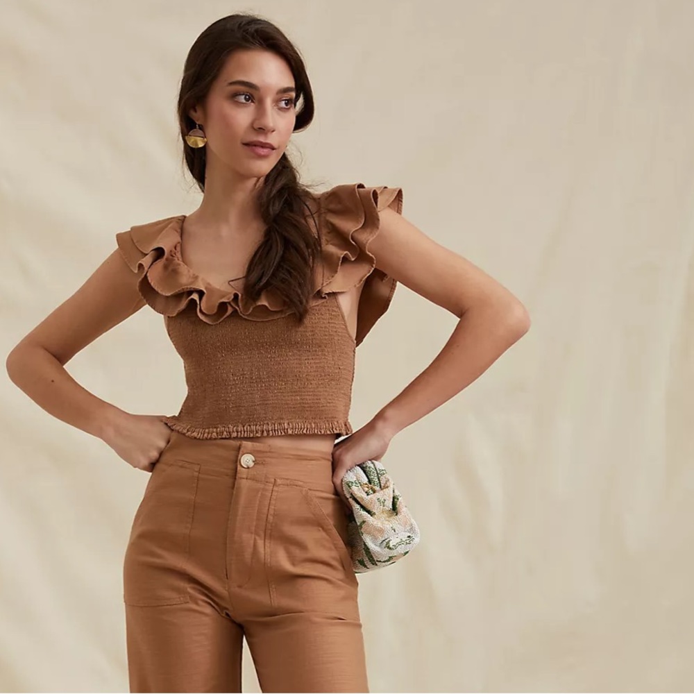 Anthropologie maeve brown ruffle smocked top 10 - perfect for thanksgiving NEW